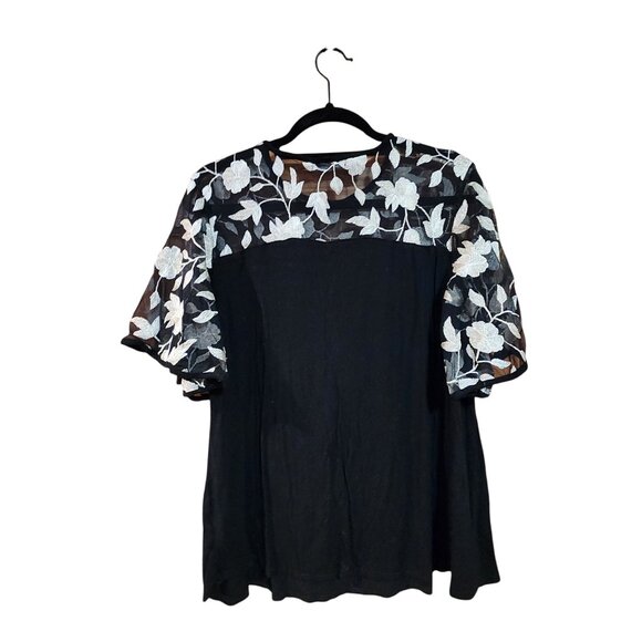 Kim & Cami Black Dress With Sheer Floral Embroidered Bell Sleeves Medium - Picture 2 of 4